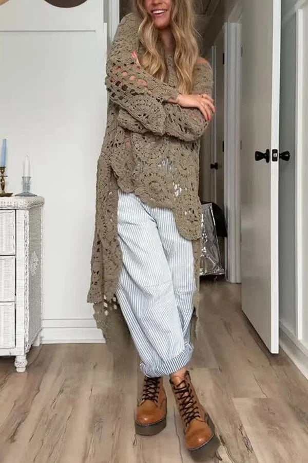 Boho Style Crochet Long Sleeve High Low A-line Maxi Top