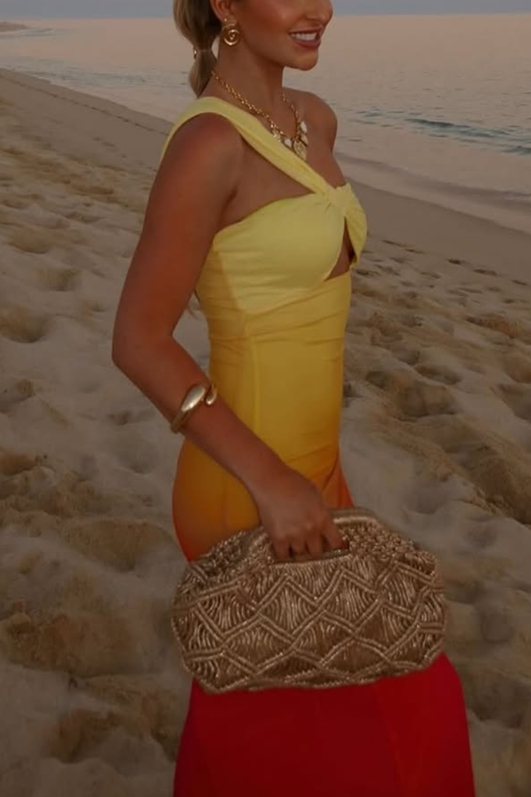 Robe longue extensible à découpes asymétriques et imprimé ombré en maille Dreamy Sunset