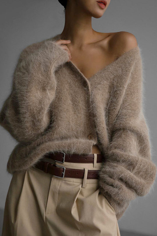 Einfarbige, lockere Strickjacke mit V-Ausschnitt und langen Ärmeln
