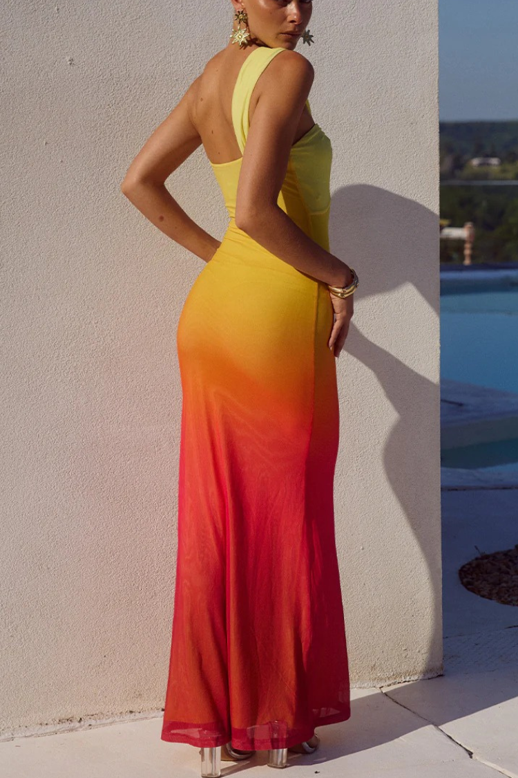 Robe longue extensible à découpes asymétriques et imprimé ombré en maille Dreamy Sunset