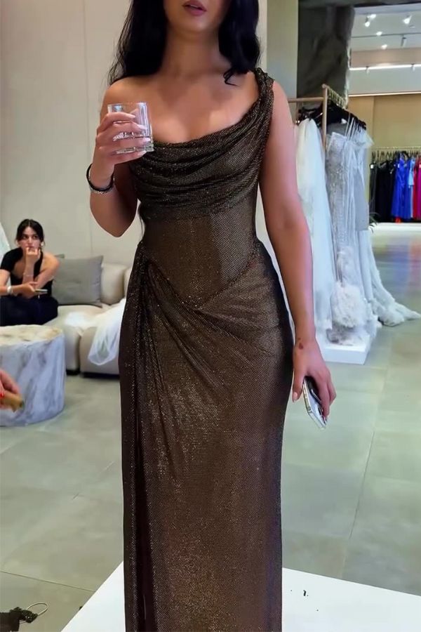Glitzy Gala Glitter Fabric One Shoulder Ruched Slit Maxi Dress
