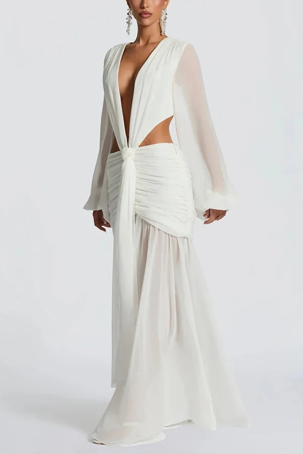 Deep Memories Chiffon Balloon Sleeve Cutout Ruched Drape Maxi Dress