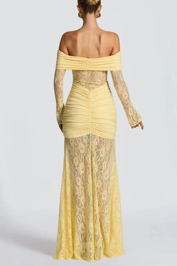 Solid Color Patchwork Lace Off-shoulder Long-sleeved Pleated Slim-fit Maxi Dress