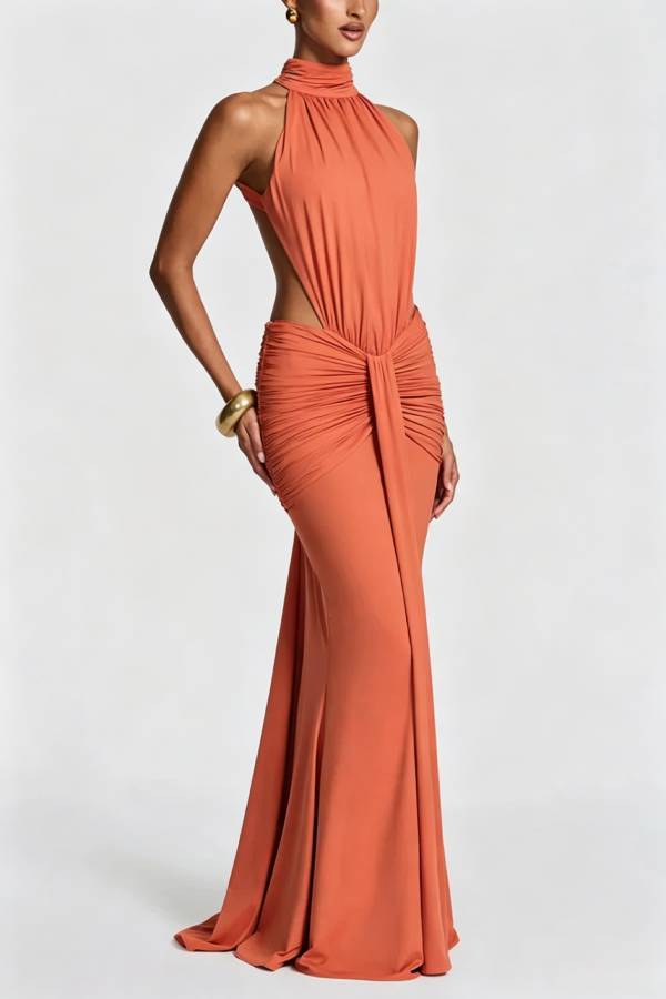 Thekla Stretch Slinky Jersey High Neck Ruched Backless Drape Maxi Dress