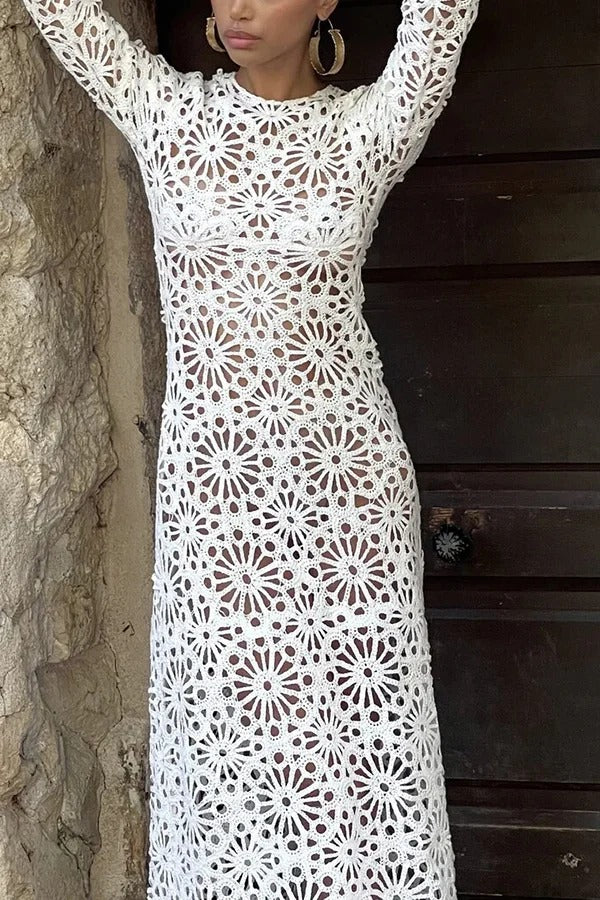 Island Break Crochet Flower Pattern Long Sleeve Backless Vacation Maxi Dress