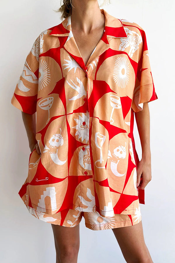 Set aus einzigartig bedrucktem Hemdoberteil aus Leinenmischung und lockeren Shorts mit Taschen und elastischer Taille