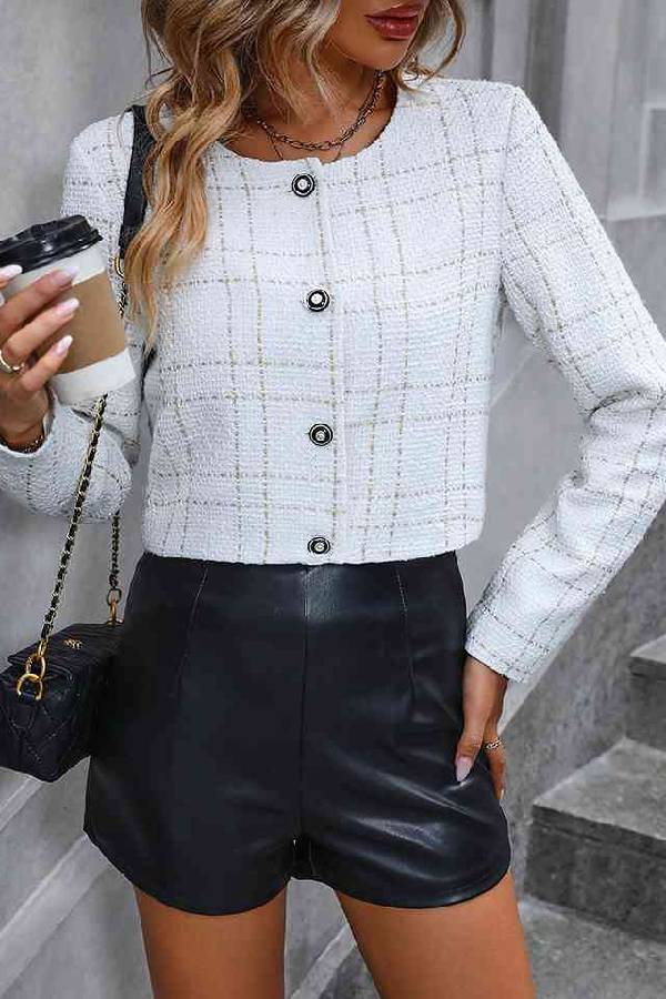 Zayla Kurzmantel aus kariertem Tweed mit Rundhalsausschnitt und Metallschnalle