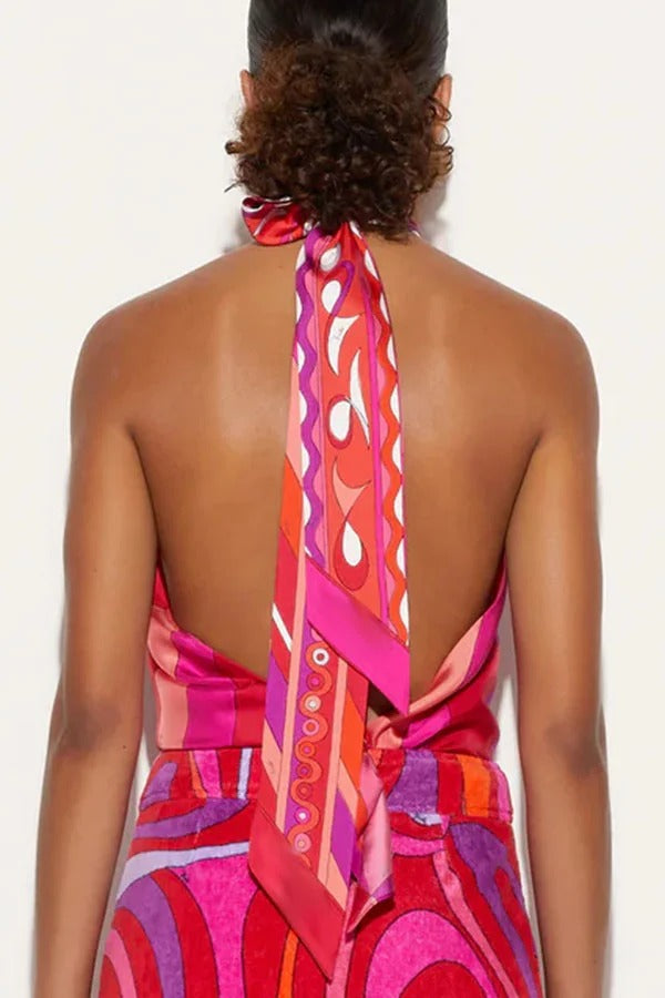 Ansela Unique Print Halter Tie-up Neck Tank and Stretch Pocket Ruffles Trim Shorts Set
