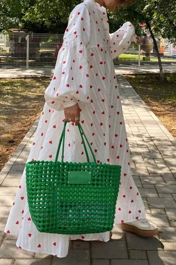 Süßes Maxikleid im lockeren Hemdstil mit Herz-Print und Puffärmeln