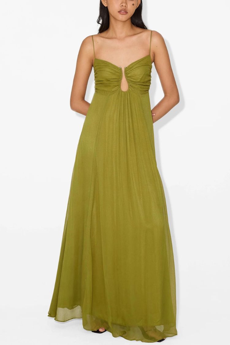 Robe longue trapèze à smocks, douce et élégante, avec dos creux en métal