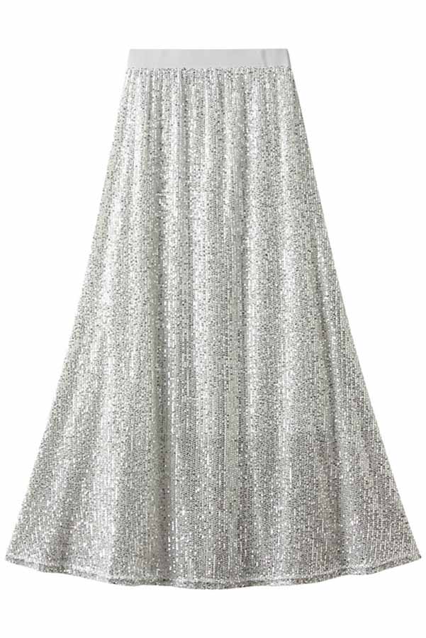 Jupe longue à taille élastique et sequins dorés