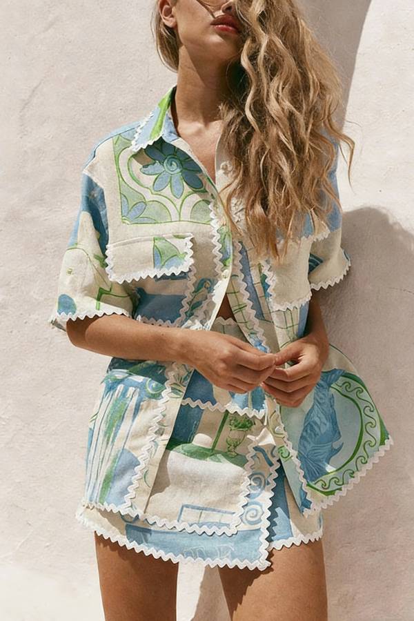 Pierre Linen Blend Ric Rac Trims Unique Print Short Sleeve Shirt and Wrap Tie-up Mini Skirt Set