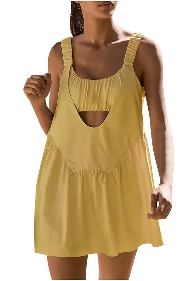 Sommerliches, sportliches, ärmelloses, rückenfreies Minikleid aus Leinenmischung