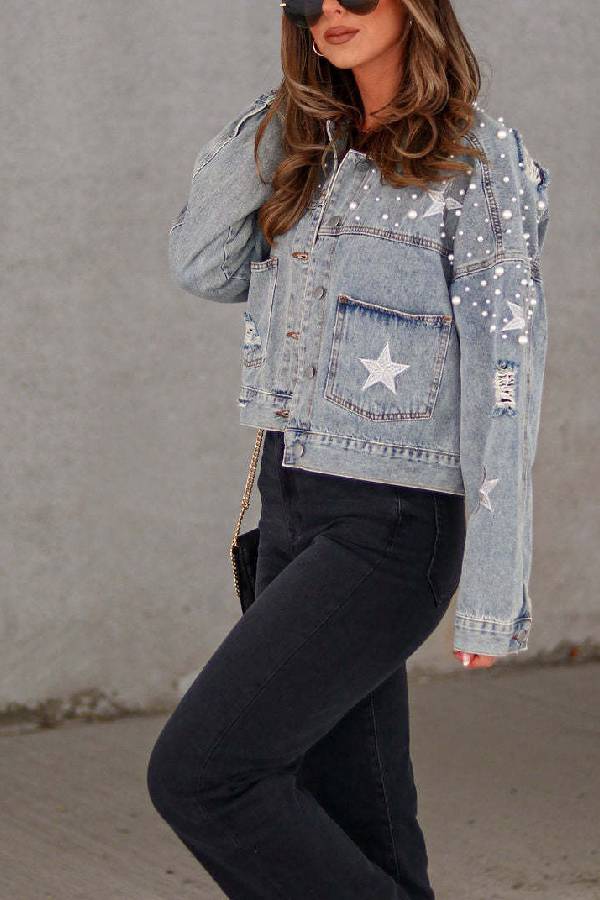 Jeansjacke mit Perlendetail