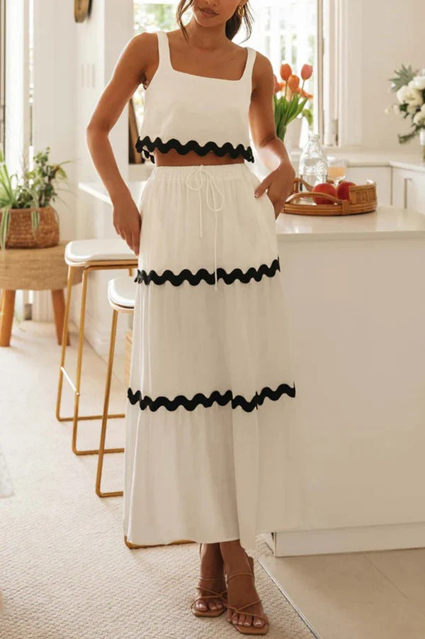 Ärmelloses, kurzes Tanktop mit Napa-Zickzack-Besatz und Maxirock mit Tasche und elastischer Taille mit Kordelzug