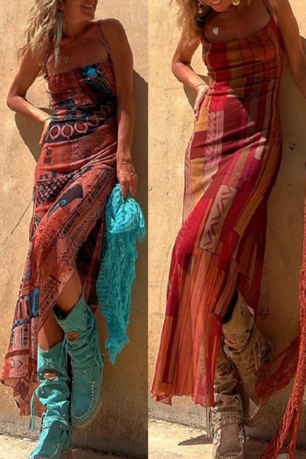 Sexy ärmelloses bedrucktes elastisches Schlitz-Strapsnetzkleid