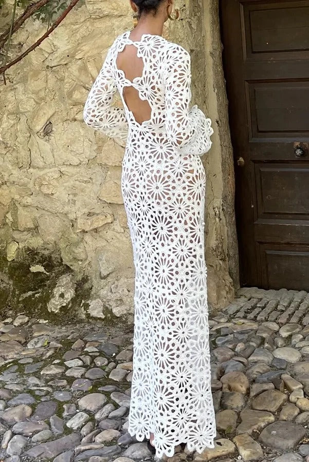 Island Break Crochet Flower Pattern Long Sleeve Backless Vacation Maxi Dress