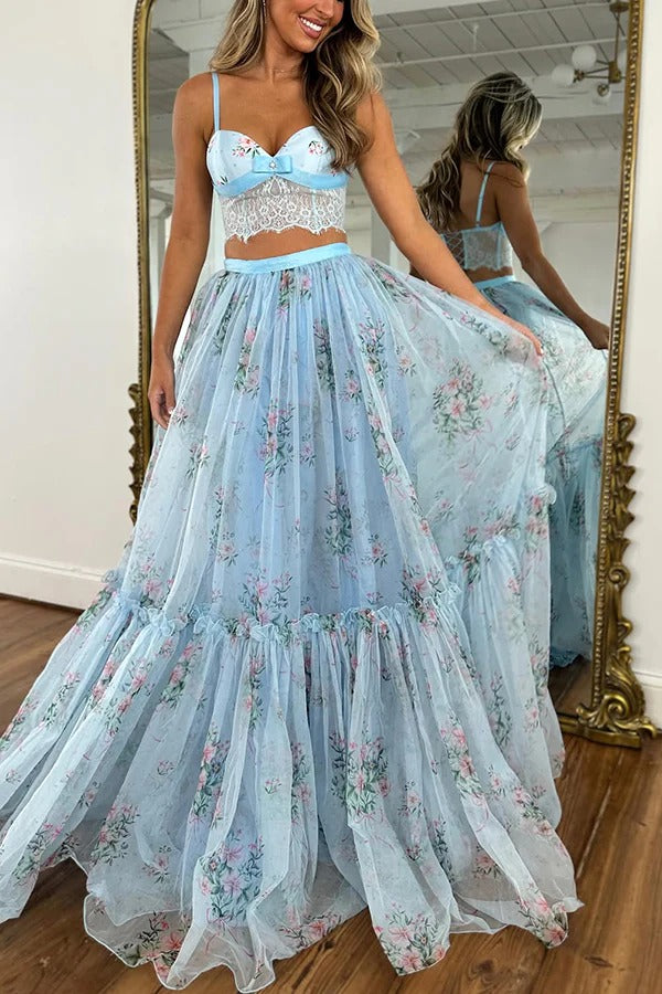 Vita Floral Satin Bow Lace Back Lace-up Crop Tank and Tulle High Rise A-line Maxi Skirt Set