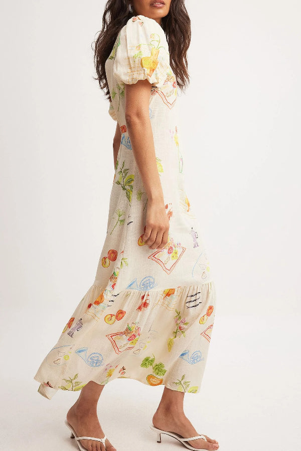 Rückenfreies Midikleid aus Napa-Leinenmischung mit einzigartigem Druck, Puffärmeln, elastischer Taille