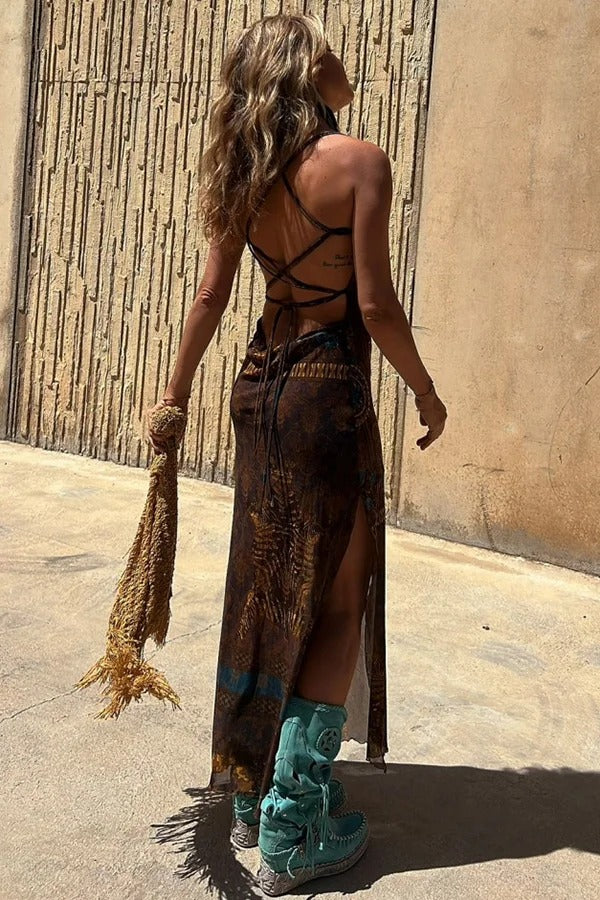 Midikleid im Gypsy-Stil mit einzigartigem Aufdruck, Wasserfallausschnitt hinten, Schnürung und Schlitz