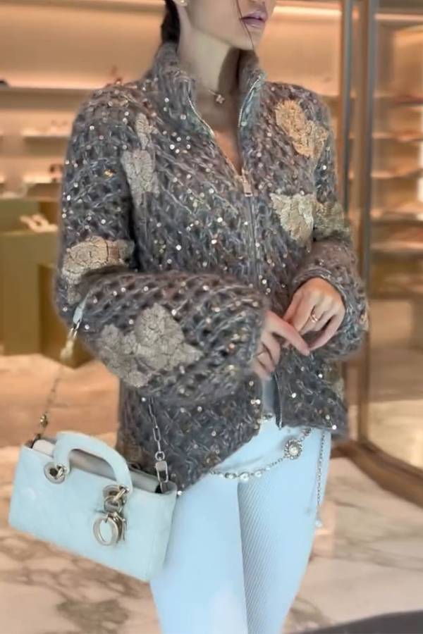 Heavyweight Sequin Jacquard Knit Zip-Up Jacket