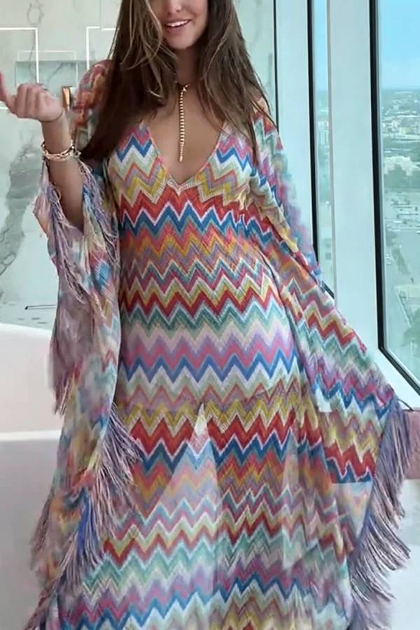 Casie Knit Colorful Zigzag Pattern Fringe Trim Cover-up Vacation Maxi Dress