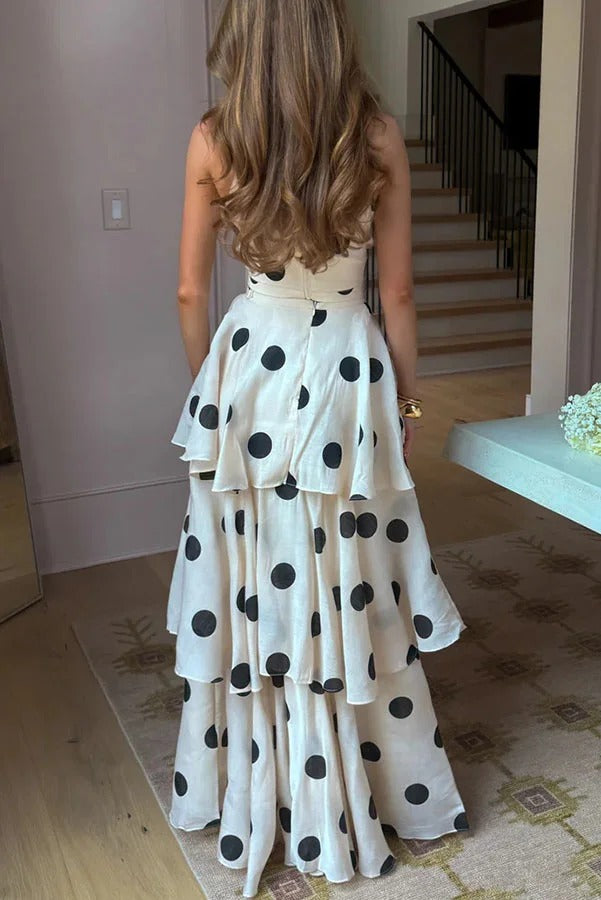 Gift To You Polka Dot Print High Rise Layered Hem Maxi Skirt