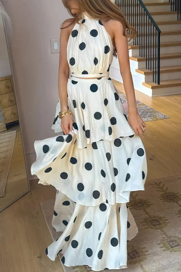 Gift To You Polka Dot Print High Rise Layered Hem Maxi Skirt