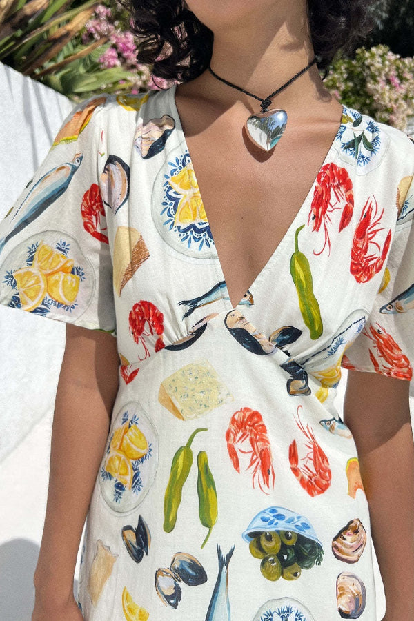 Leinen V-Ausschnitt sexy locker Fee alle-match Freizeit Midikleid