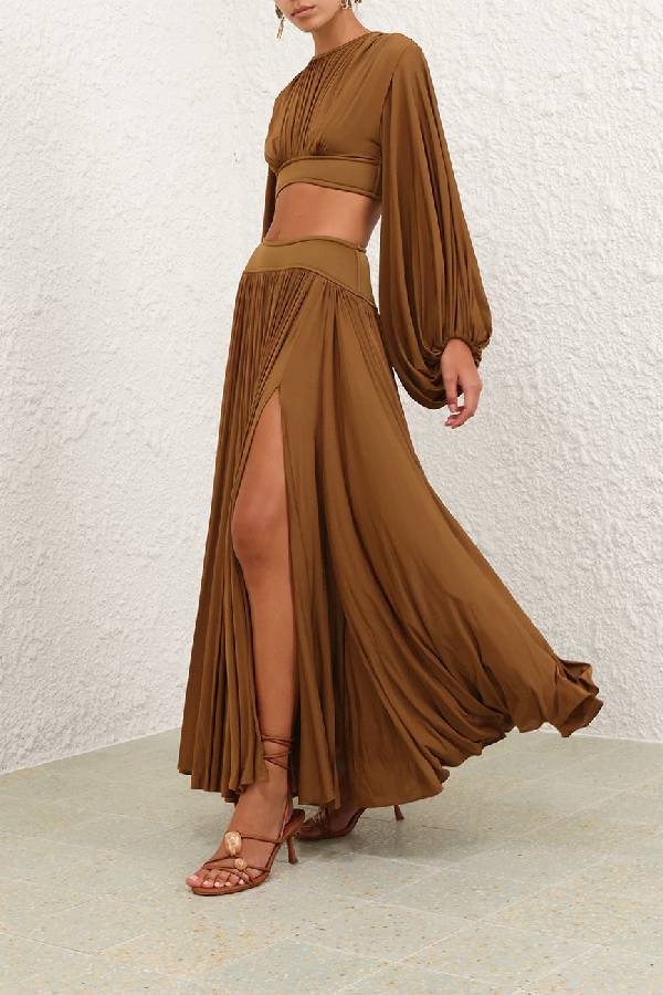 Dramatic Queen Gathered Batwing Sleeve Crop Top and Elastic Waist Slit Maxi Skirt Set
