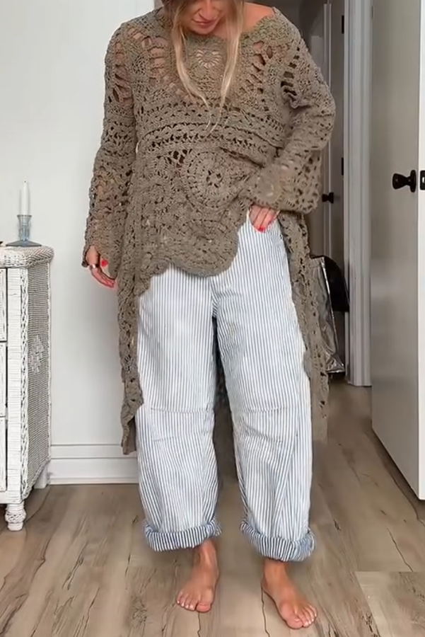 Boho Style Crochet Long Sleeve High Low A-line Maxi Top