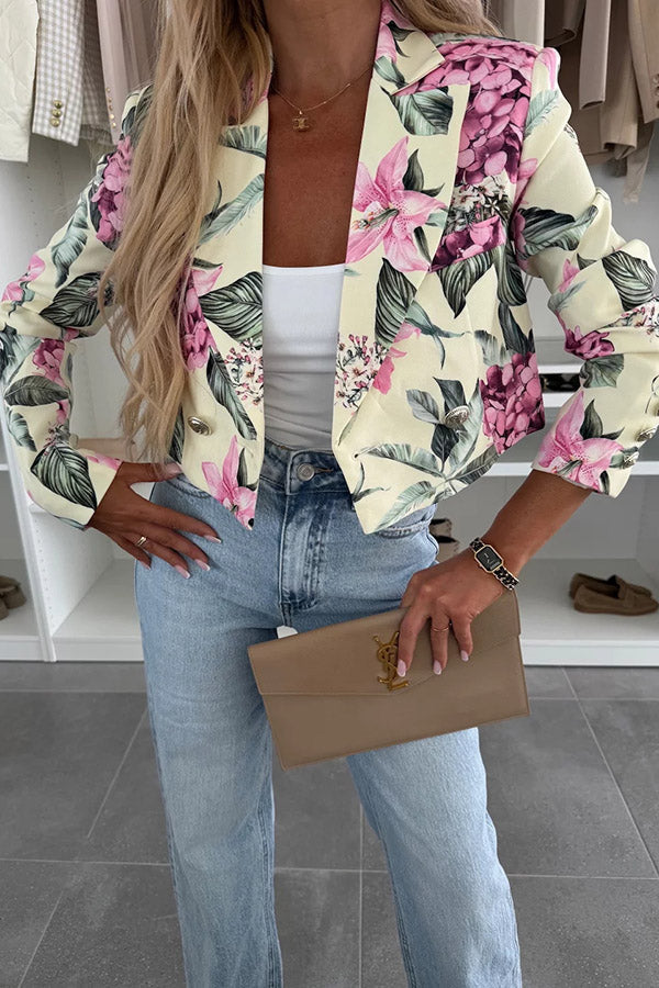 Blazer court à revers et manches longues à imprimé floral botanique Picture Perfect