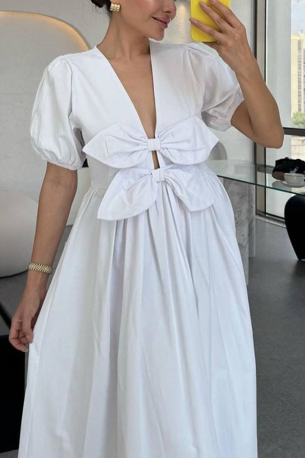 Devon Maxikleid mit doppelter Schleife vorne und Puffärmeln und Taschen