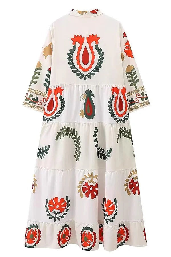 Resort-Maxikleid mit botanischem Print, Revers und Rüschen