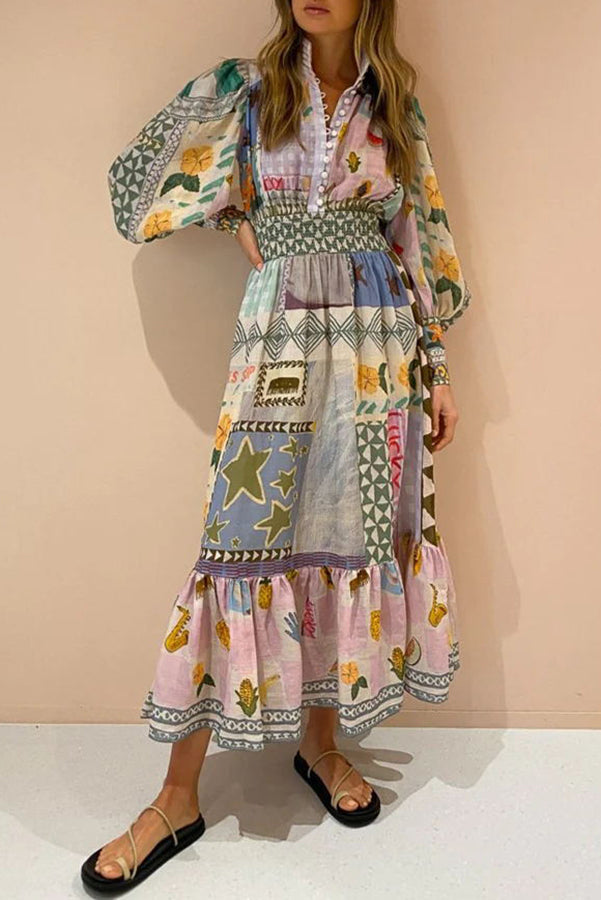 Verspielt schickes, einzigartiges Print-Midikleid mit Ballonärmeln und gesmoktem Bund