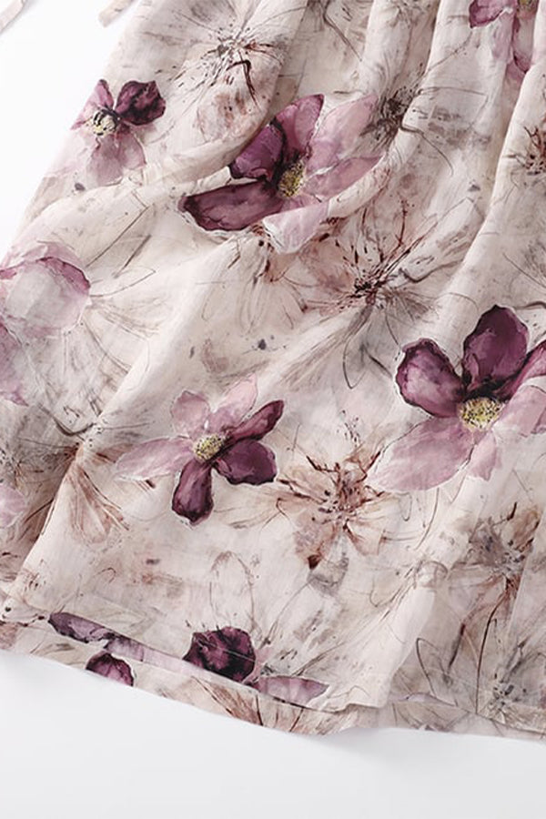 Kleid aus Baumwolle und Leinen mit Blumenmuster und Krawatte