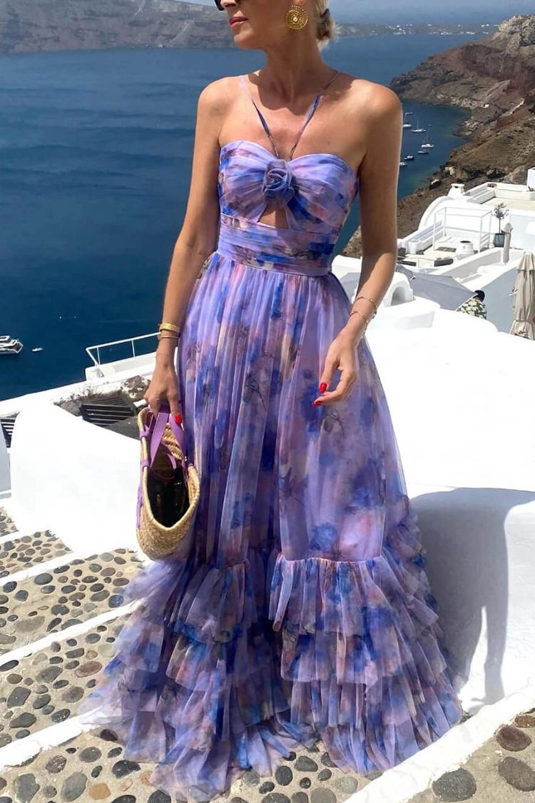 Dreamy Clouds Tulle Printed Rose Detail Cutout Ruffles Tiered Halter Maxi Dress