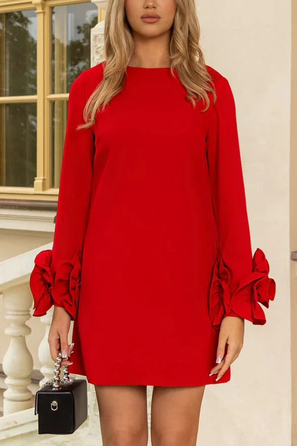 Robe courte ample coupe H à manches longues et poches, détails floraux 3D, style parisien