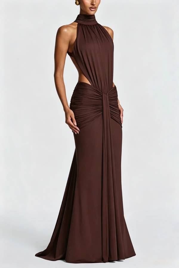 Thekla Stretch Slinky Jersey High Neck Ruched Backless Drape Maxi Dress