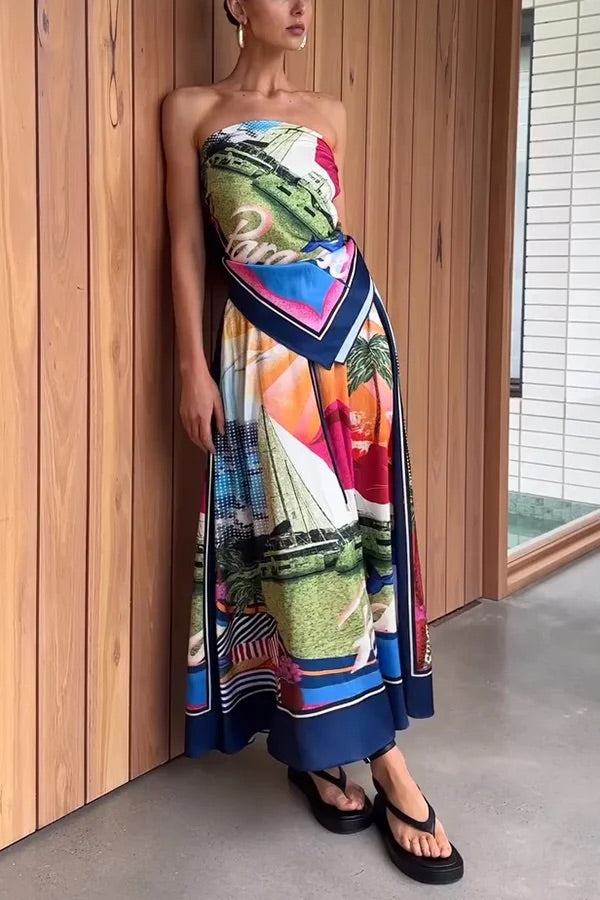 Ensemble haut foulard noué en satin imprimé unique et jupe longue ample à taille élastique