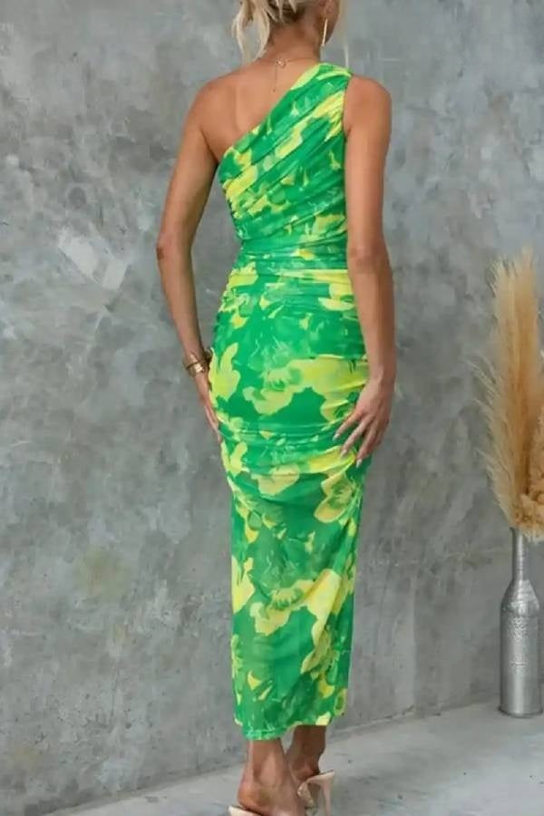 Night Blooms Mesh Overlay Printed One Shoulder Ruched Stretch Maxi Dress