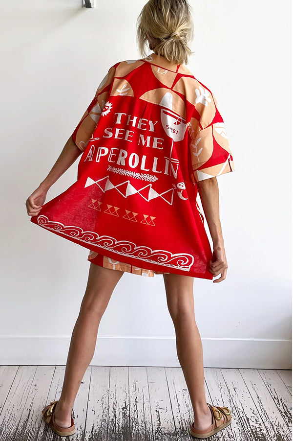 Set aus einzigartig bedrucktem Hemdoberteil aus Leinenmischung und lockeren Shorts mit Taschen und elastischer Taille