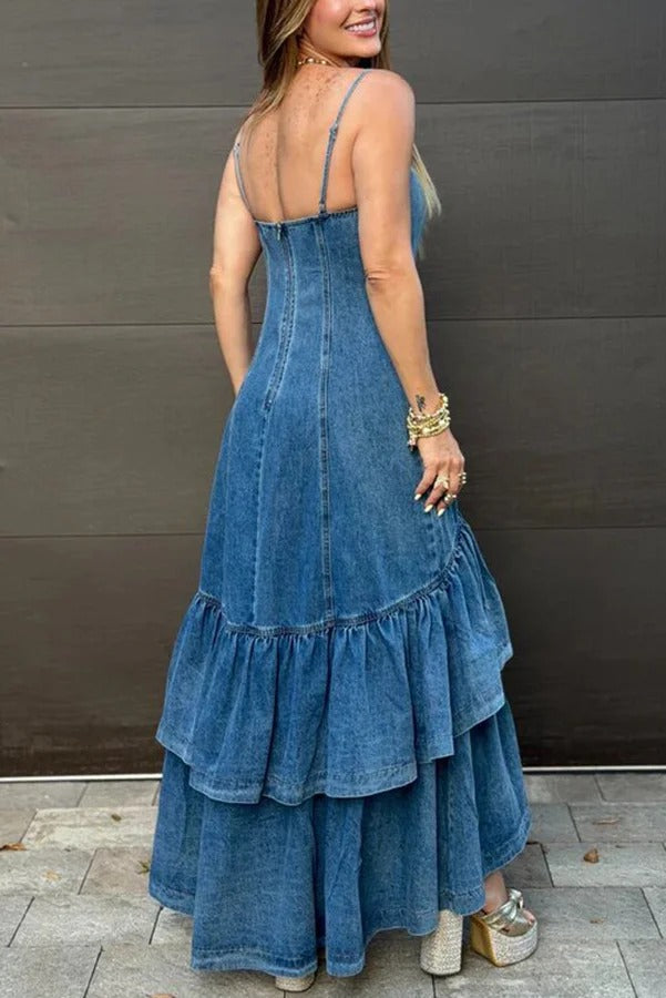 Graceful Smile Denim Back Zipper Slip Layered Ruffle Hem Maxi Dress