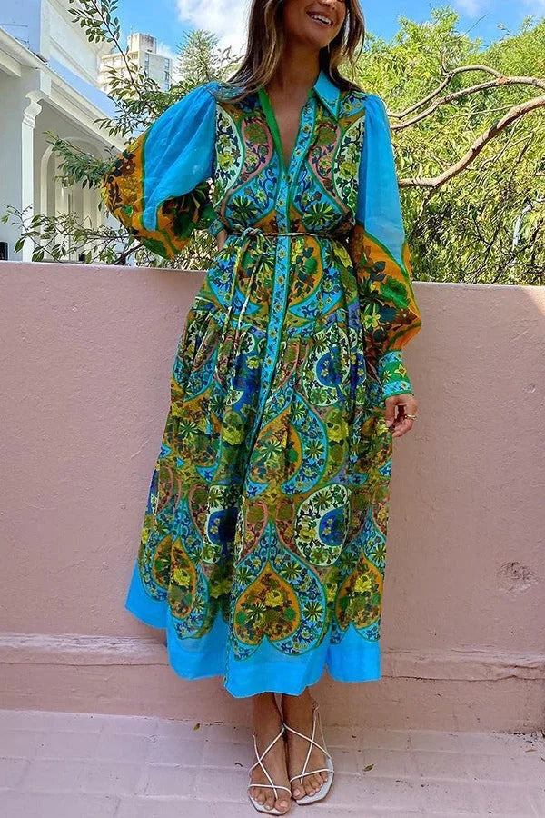 Feeling Butterflies – Mehrfarbiges, einzigartiges Midikleid mit Ballonärmeln und Gürtel