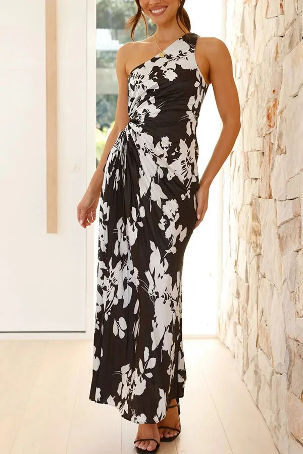 Laken – Einschultriges Maxikleid mit Blumenmuster, verstellbarer Krawatte und Ausschnitten