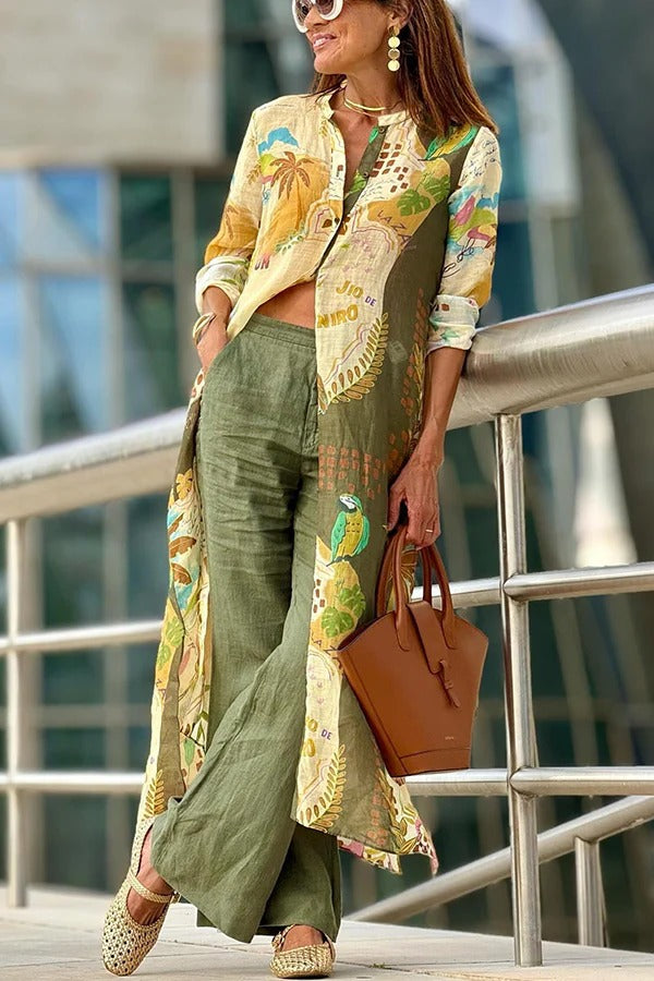 Cayla – Langärmliges Midikleid aus Leinenmischung mit einzigartigem Druck und Knöpfen