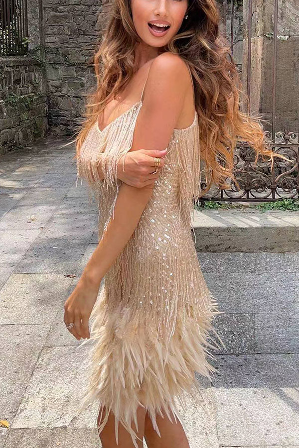 High-End-Temperament Quaste Feder Nähte Damen leichtes Luxuskleid