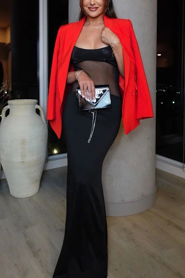 Marilyn Pailletten-Patchwork-Maxikleid mit hoher Taille und Stretch