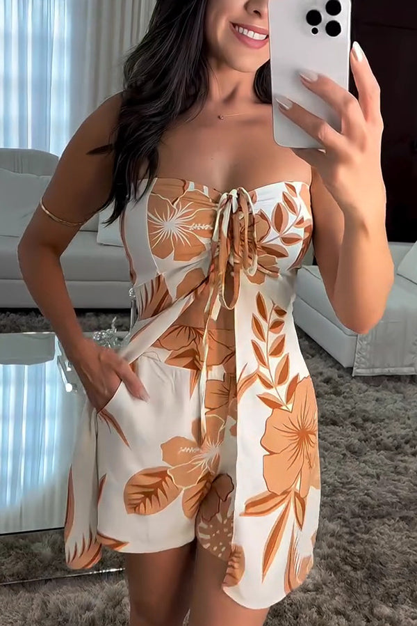 Ensemble haut bandeau sexy à imprimé floral avec cordon de serrage et short à poches à taille élastique