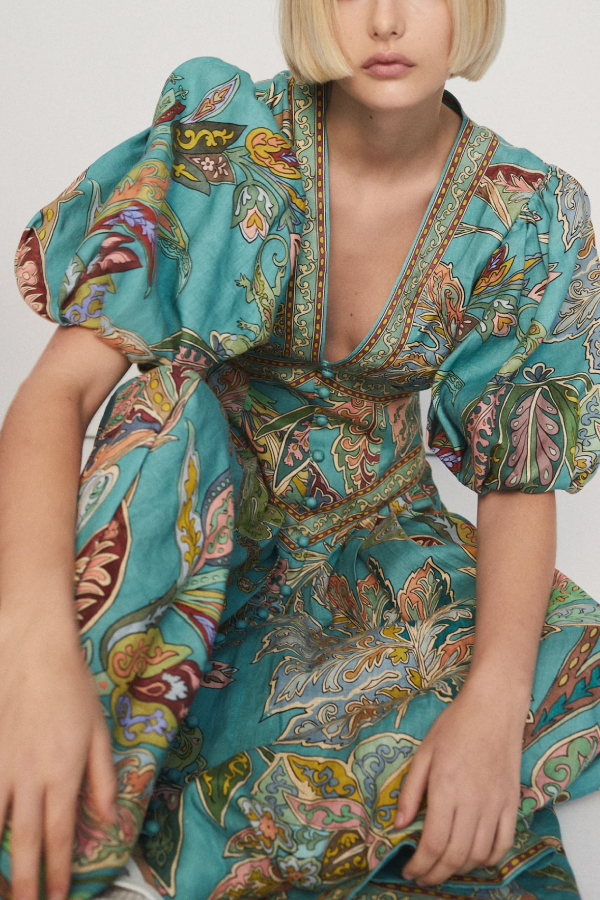 Retro-Midikleid mit V-Ausschnitt, Puffärmeln und Blumendruck